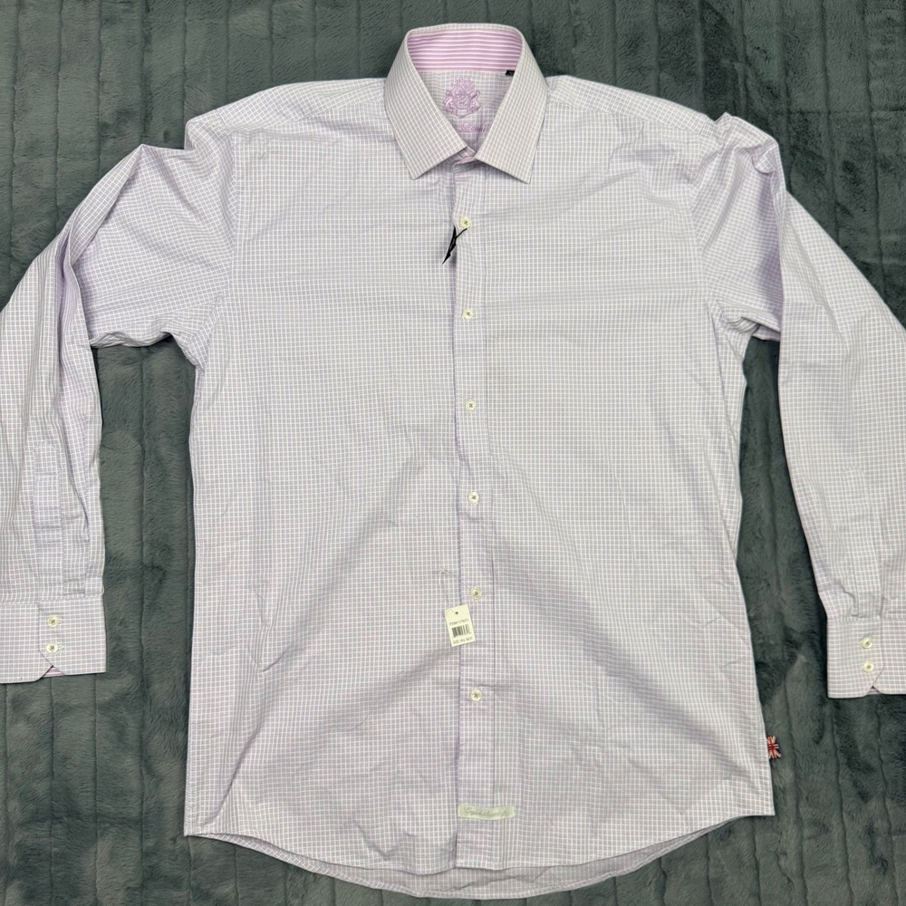 English Laundry Mens Purple Micro Check Stretch Cotton Dress Shirt 16.5 36/37